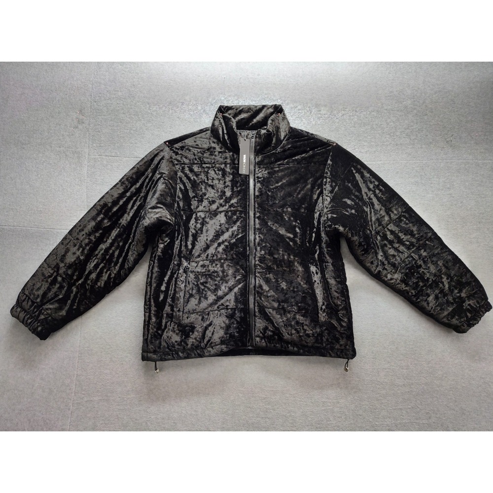 Fashion Nova Women Puffer Jacket XL Black Velour Full Zip Mock Neck Outdoor